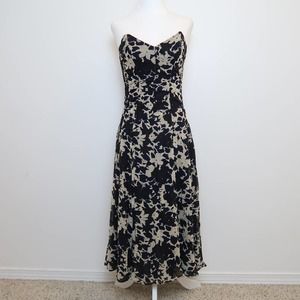 Vintage 80s Emmanuelle Khanh Paris cream navy floral silk strapless corset dress